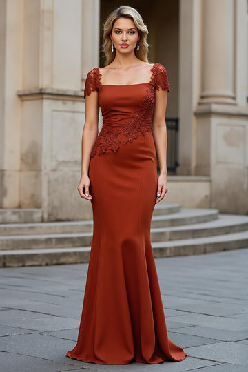 Mermaid Square Neck Sweep Train Rust Mother of the Bride Dress with Appliques